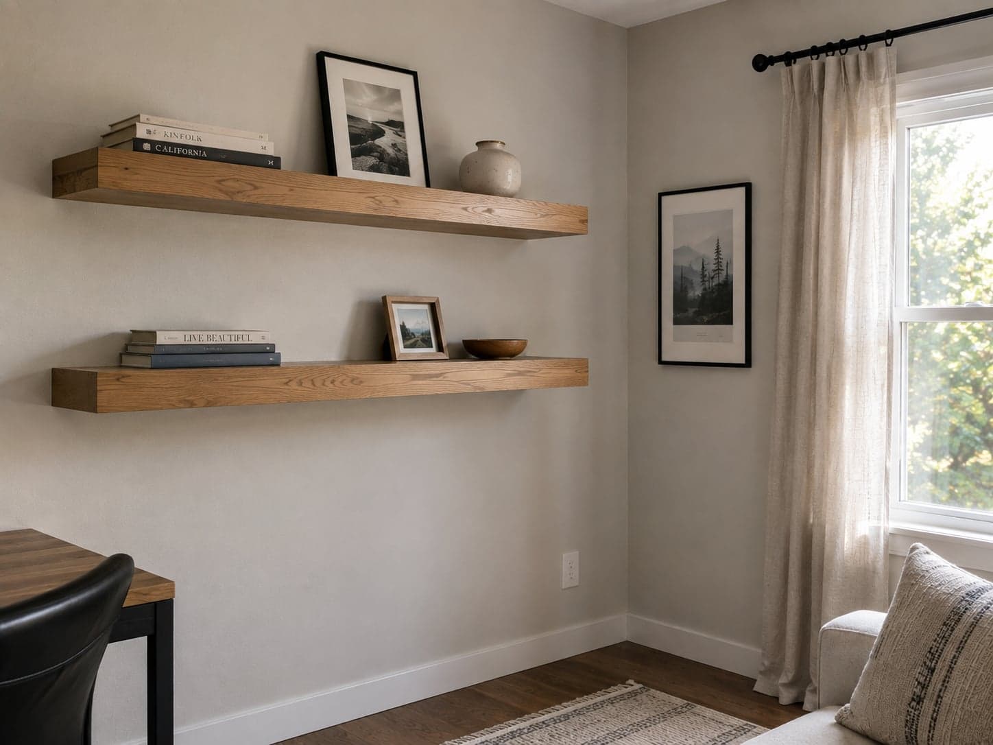 Floating wall shelves with framed art, books and a curtain rod nearby