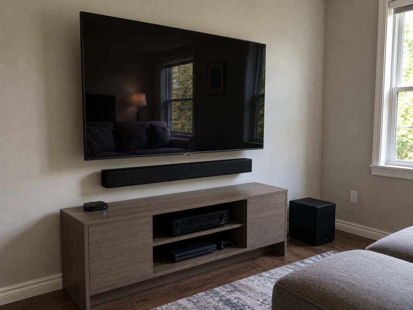 A wall-mounted TV with a soundbar and subwoofer set up beneath it